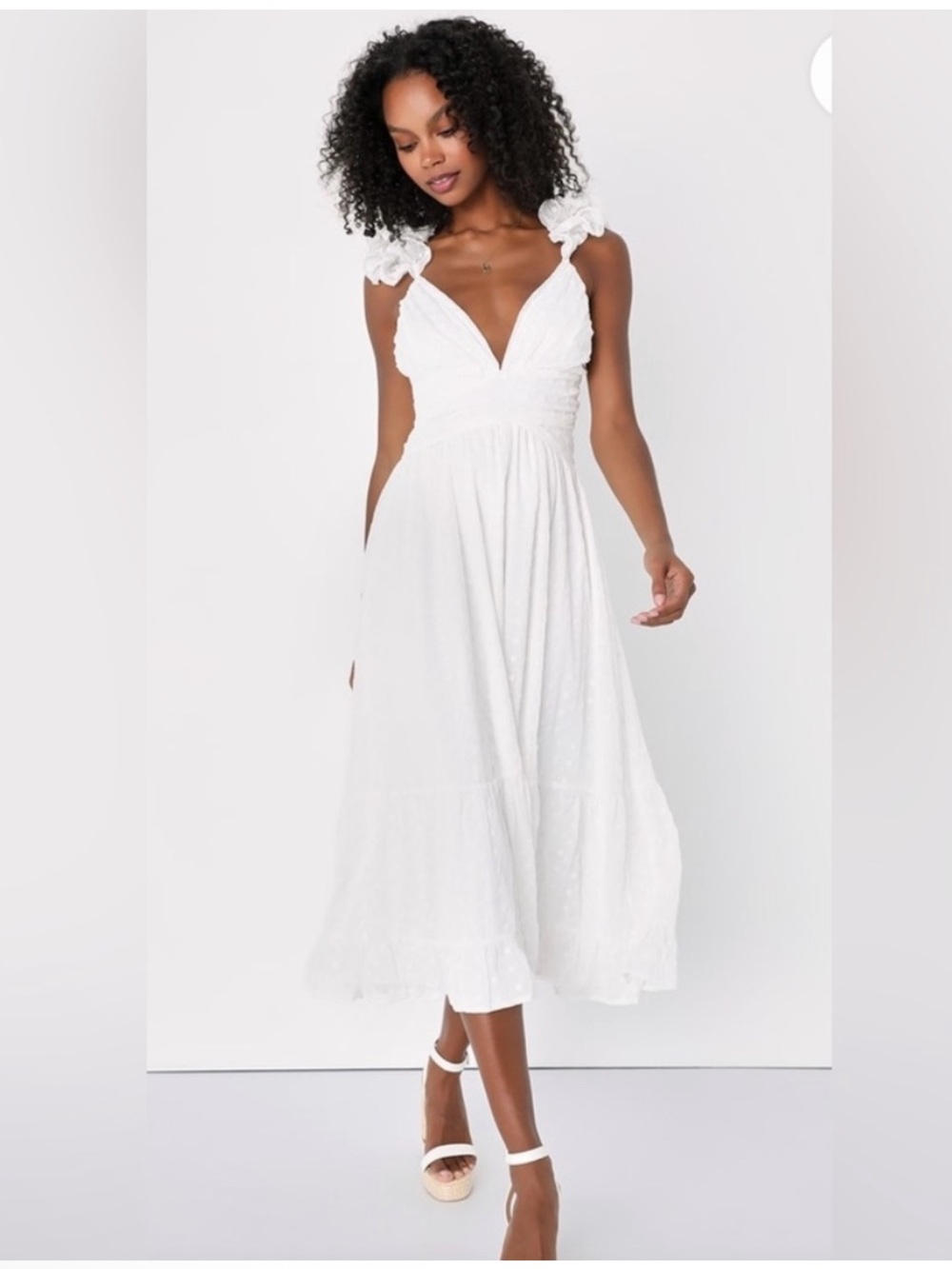 Dreamy Favorite White Eyelet Embroidered Ruffled Lace-Up Dress Size L Runs Small